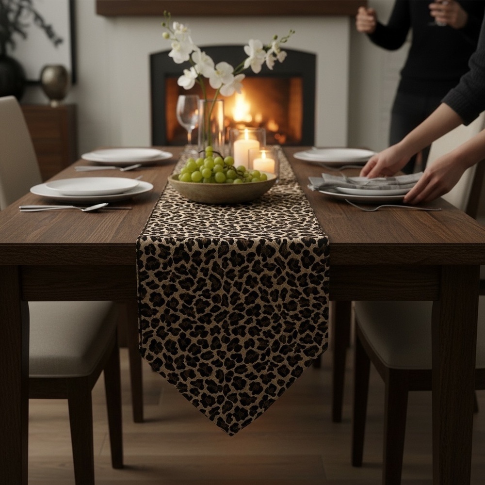 Leopard Tapestry Table Runner Long Animal Print Brown Black Tan Mid-Century Chic